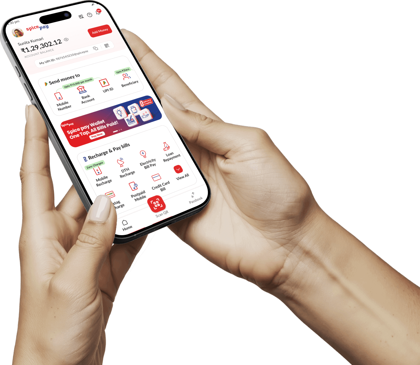 Hands holding Spice Pay smartphone