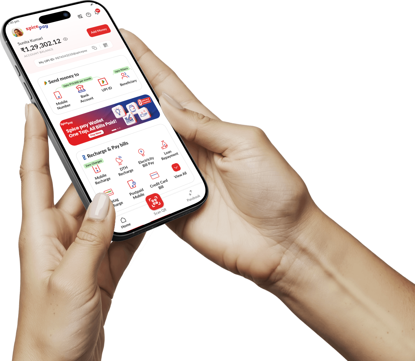 Hands holding Spice Pay smartphone